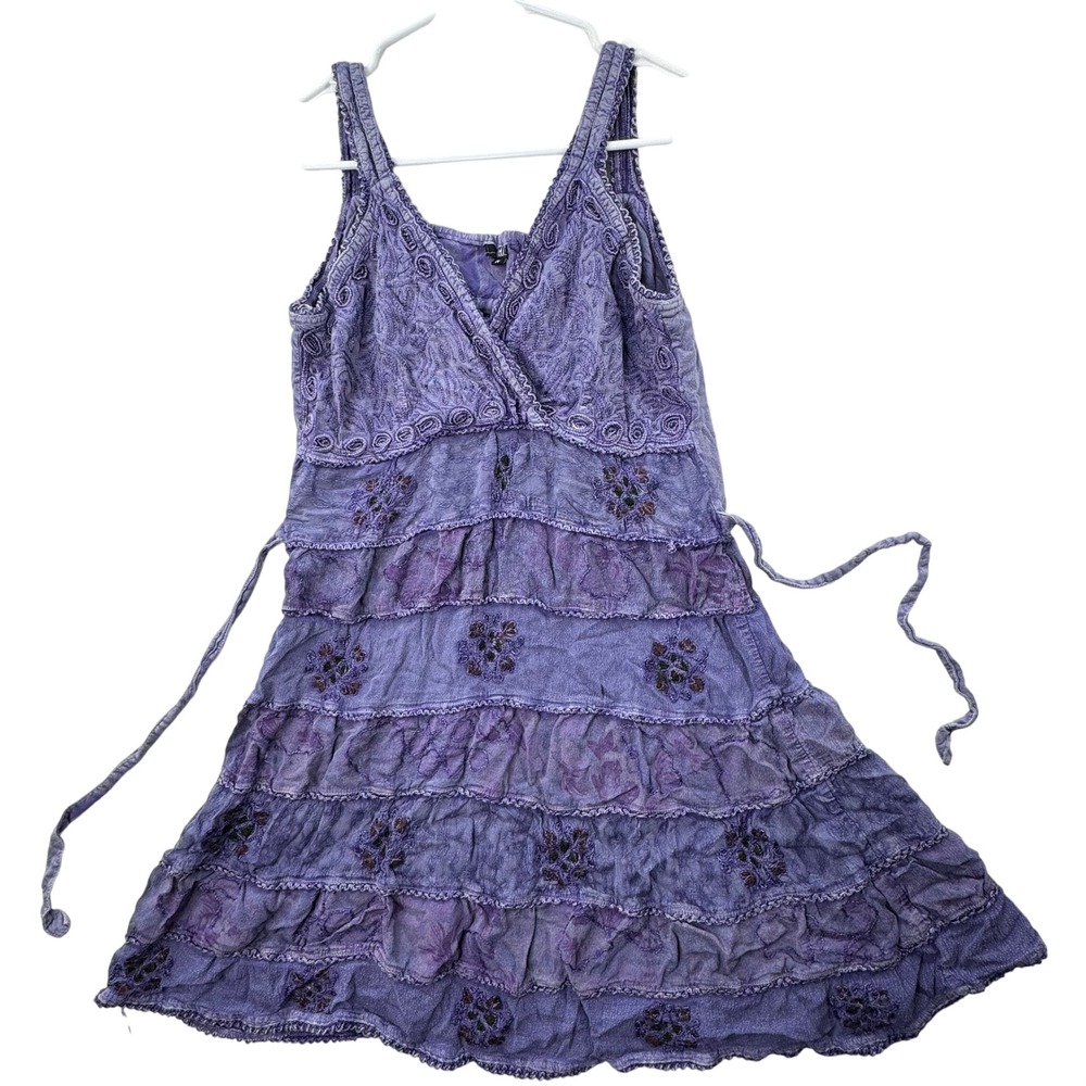 Magic Mini Dress Womens Medium Purple Boho Festival Tiered Embroidered Rayon